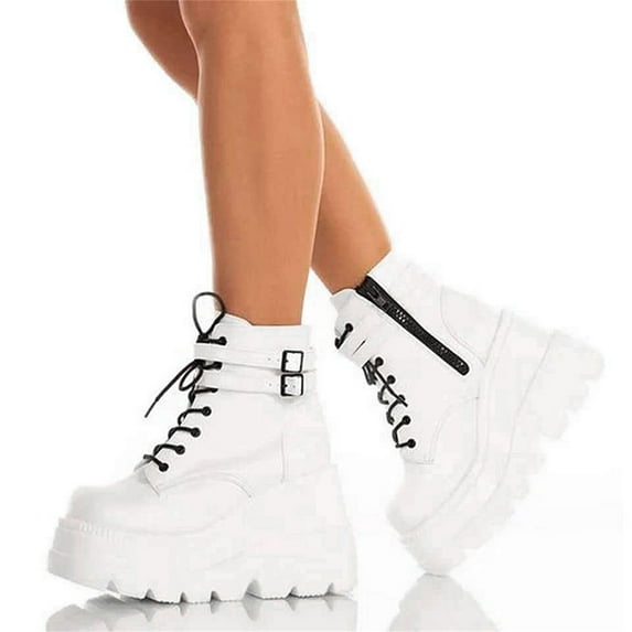 Juebong Fashion Thick Soled Plus Size Classic Ankle Booties Women Autumn Platform Leather Boots,White Size 8.5