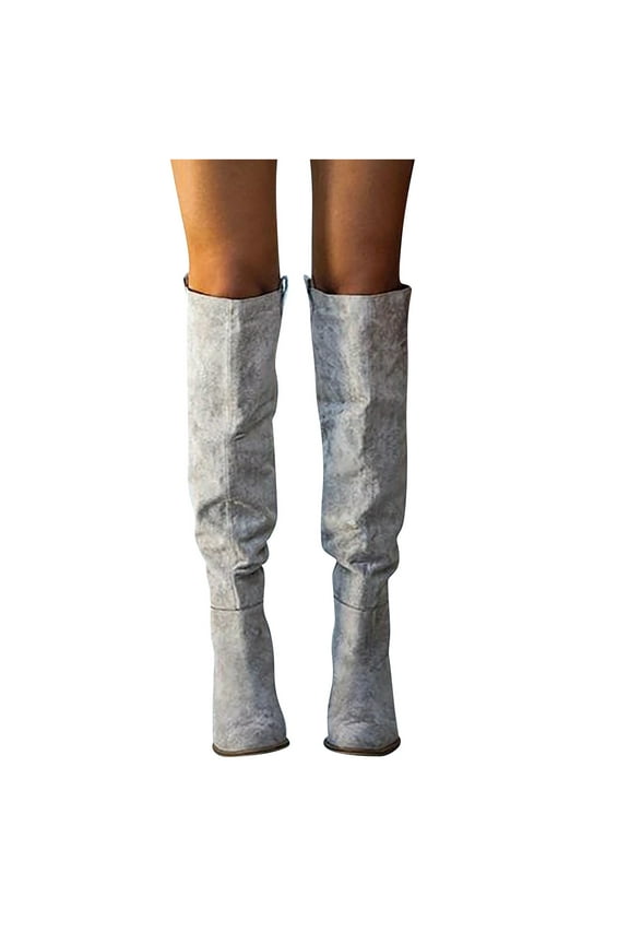 Fashion Women Autumn Long Tube Chunky Block Heel Shoes Boots Knee High Round Toe Boots,Gray Size 9.5-10