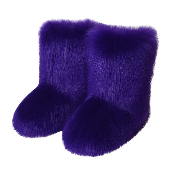 Juebong Faux Fur Boots for Women Fuzzy Fluffy Furry Round Toe Suede Winter Comfy Plush Warm Short Snow Bootie Flat Shoes Mid-Calf Boots Outdoor Indoor