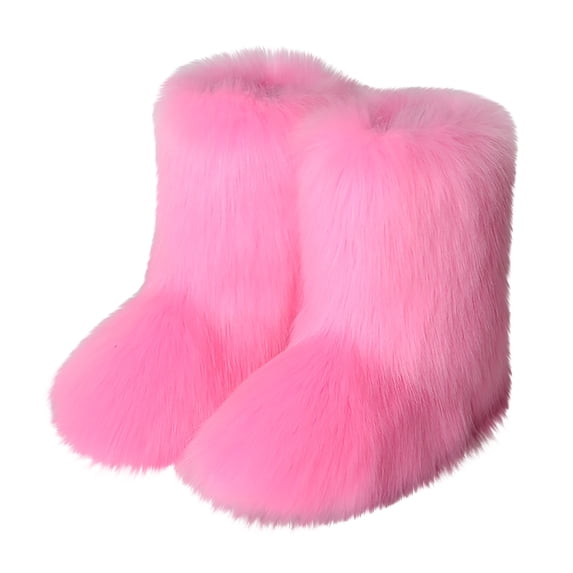 Juebong Faux Fur Boots for Women Fuzzy Fluffy Furry Round Toe Suede Winter Comfy Plush Warm Short Snow Bootie Flat Shoes Mid-Calf Boots Outdoor Indoor