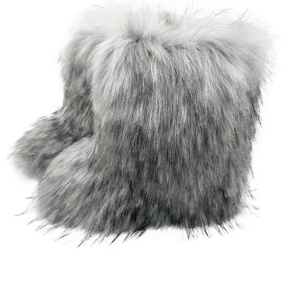 Juebong Faux Fur Boots for Women Fuzzy Fluffy Furry Round Toe Suede Winter Comfy Plush Warm Short Snow Bootie Flat Shoes Mid-Calf Boots Outdoor Indoor
