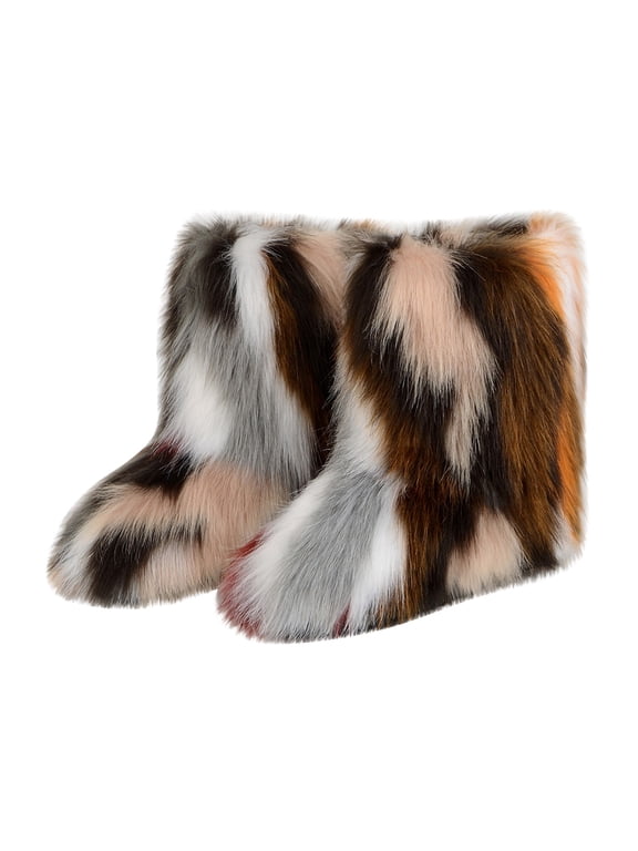 Faux Fur Boots for Women Fuzzy Fluffy Furry Round Toe Suede Winter Comfy Plush Warm Short Snow Bootie Flat Shoes Mid-Calf Boots Outdoor Indoor