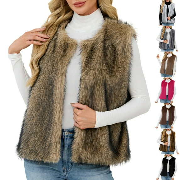 Juebong Faux Fur Vest Women Open Front Sleeveless Cardigan Fuzzy Fleece Jacket Elegant Crop Vests Warm Winter Coat Outerwear Yellow,XXXL