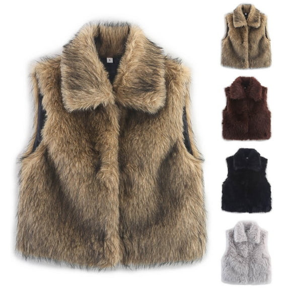 Juebong Faux Fur Vests for Women Sherpa Fuzzy Fleece Vest Lapel Collar Sleeveless Jackets Warm Winter Shaggy Parka Coats Overcoat Brown,XS