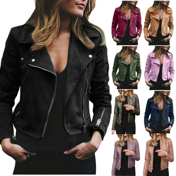 Juebong Faux Suede Jacket Women Slim Fit Stylish Moto Jackets Short Leather Bomber Jackets 2025 Fall Biker Motorcycle Coat Khaki,XXXXL