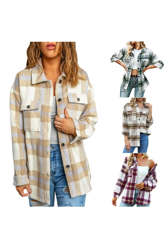 Flannels Shacket for Women 2025 Fall Clothes Plaid Long Sleeve Shirts Button Down Casual Fashion Jacket Trench Coats Wine,L