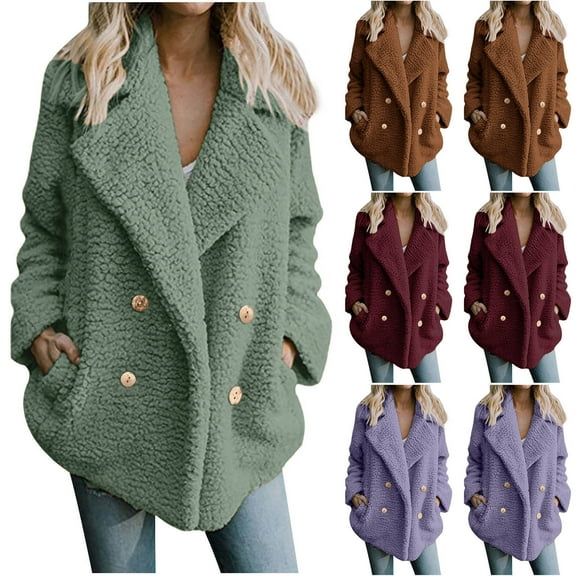 Juebong Fleece Cardigans for Women Sherpa Jackets Shaggy Fuzzy Warm Teddy Cozy Sweaters with Pockets Button Casual Soft Winter Coats Outerwear Green,L