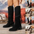 thumbnail image 1 of Juebong Fringe Suede Knee High Boots for Women Tassel Chunky Block Low Heel Warm Winter Mid Calf Boots Black,43, 1 of 8