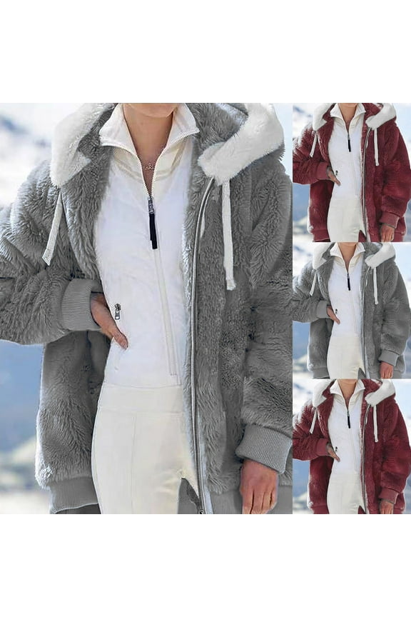 Fuzzy Fleece Jackets for Women 2025 Winter Warm Faux Fur Coats Plus Size Sherpa Zip Up Jacket Hoodies Outerwear Red,S