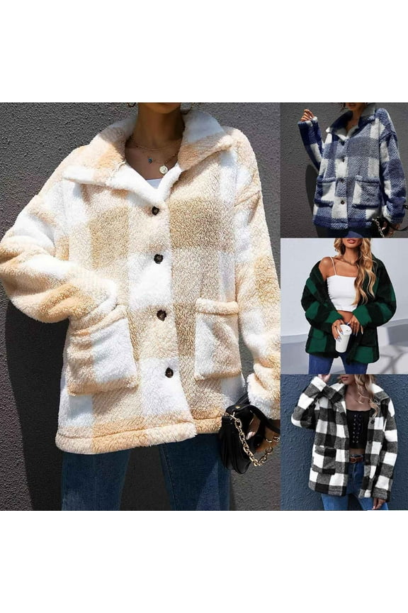 Fuzzy Fleece Jackets for Women Casual Button Down Sherpa Coats Warm Plaid Shacket Jacket Trendy Flannel Outwear Khaki,L
