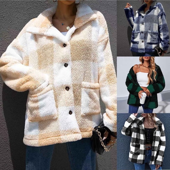 Juebong Fuzzy Fleece Jackets for Women Casual Button Down Sherpa Coats Warm Plaid Shacket Jacket Trendy Flannel Outwear Light Blue M