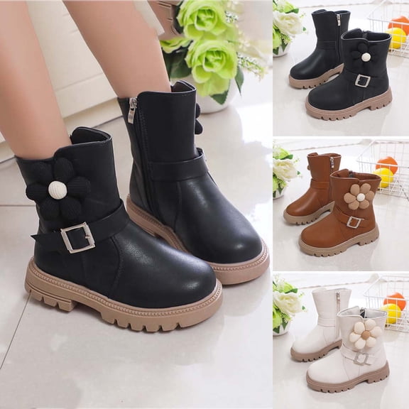 Juebong Girls Ankle Boots Kids Comfortable Slip On Lug Sole Side Zipper Booties for Toddler Little Kid Big Kids Black,28