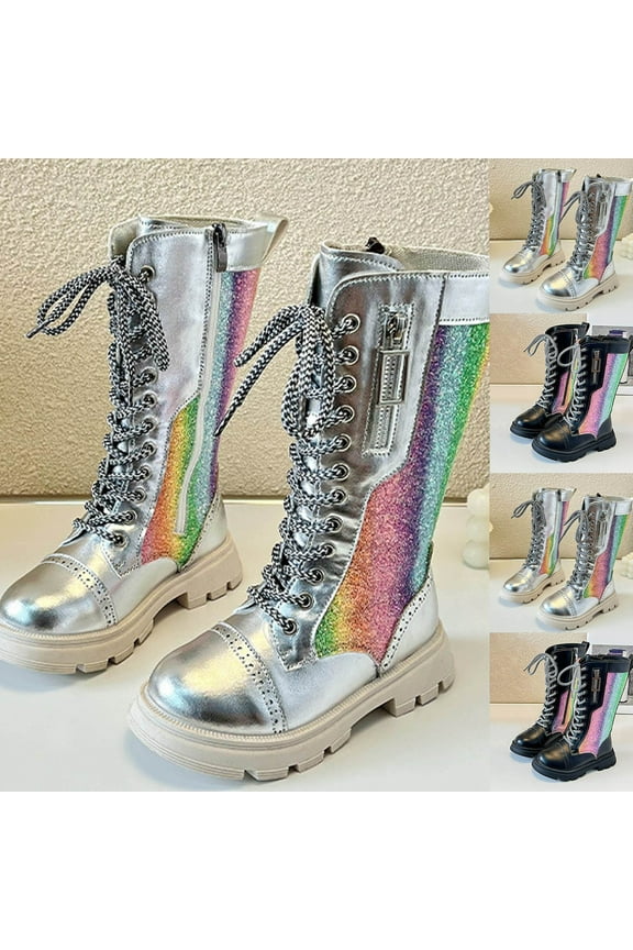Girls Knee High Combat Boots Lace Up Side Zipper Punk Goth Shoes Colorful Glitter PU Leather Boots Silver,34