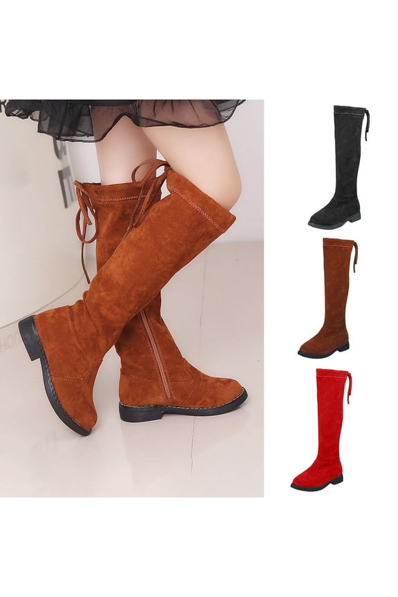 Girls Knee High Suede Boots Side Zipper Cowgirl Cowboy Fashion Tall Riding Boots Red,32