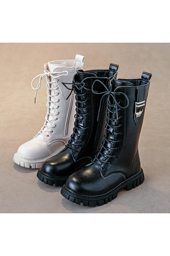 Girls Lace Up Combat Boots Mid Calf Ridding Boots Fashion Waterproof PU Leather Side Zipper Punk Goth Boot Black,33