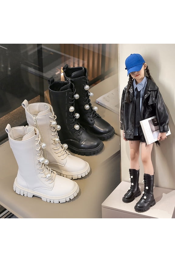 Girls Lace Up Riding Boots Mid Calf Boots PU Leather Lace Up Side Zipper Punk Goth Boot Black,30