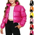 thumbnail image 1 of Juebong Girls Metallic Shiny Cropped Puffer Jacket Bubble Puffy Coat Y2k Zip Up Padded Short Jackets Winter Coats Outerwear Pink,9-10Years, 1 of 7