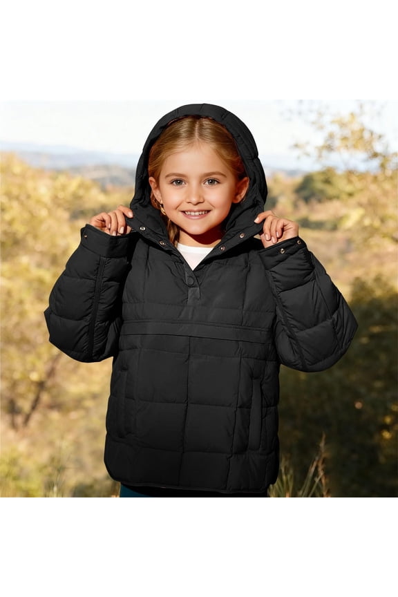 Girls Quilted Puffer Hooded Jacket Thickened Warm Padded Pullover Winter Half Button Down Henley Coats Outerwear Black,4 Years