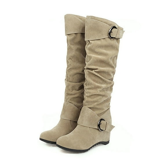 Juebong Halloween Decorations Women Wedge Height Increase Shoes High Heel Casual Solid Color Slip-On Winter Warm Belt Buckle Knee-Length Knight Boots