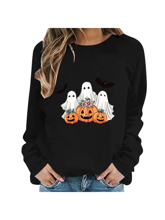 Halloween Funny Graphic Tops for Womens Teens Sweatshirts Crewneck Pullover Female Fall Outfits 2026,Witch Pumpkin Ghost Bat,loose,Maternity, workout,airport fashion clothes