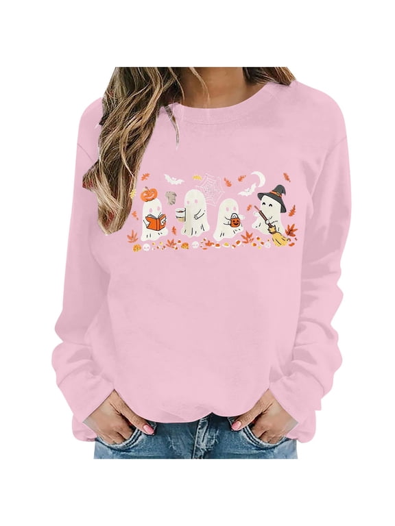 Halloween Funny Graphic Tops for Womens Teens Sweatshirts Crewneck Pullover Female Fall Outfits 2026,Witch Pumpkin Ghost Bat,loose,Maternity, workout,airport fashion clothes