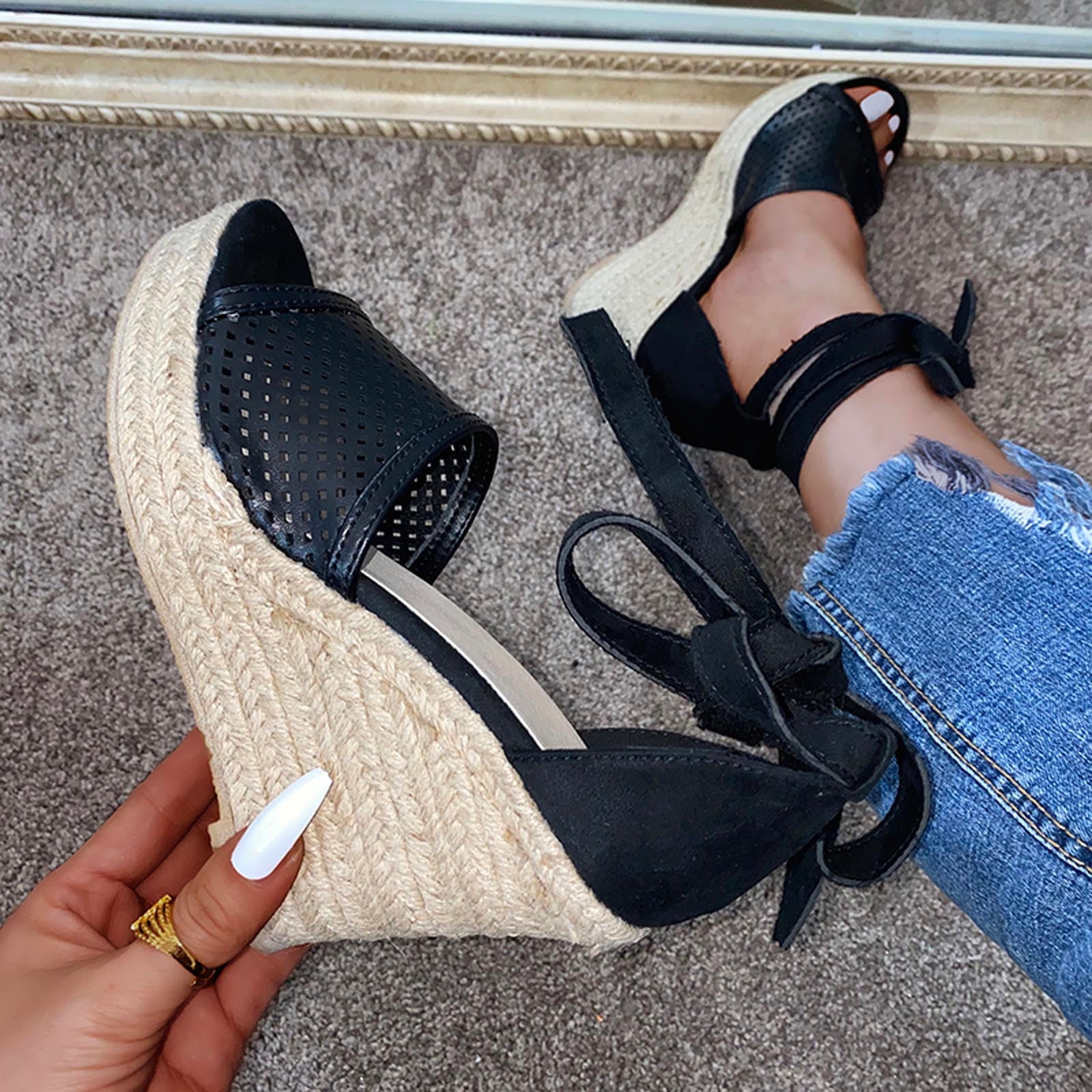 Women's Wedges Sandals High Heels Slippers Shoes Flip Flops Black White  Muels | eBay