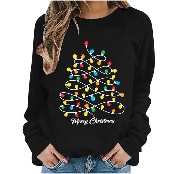 Juebong Holiday Funny Graphic Tops for Women Family Christmas Tree Santa Lights Print Pullover Crewneck Long Sleeve Shirts Lightweight Matching Sweatshirt