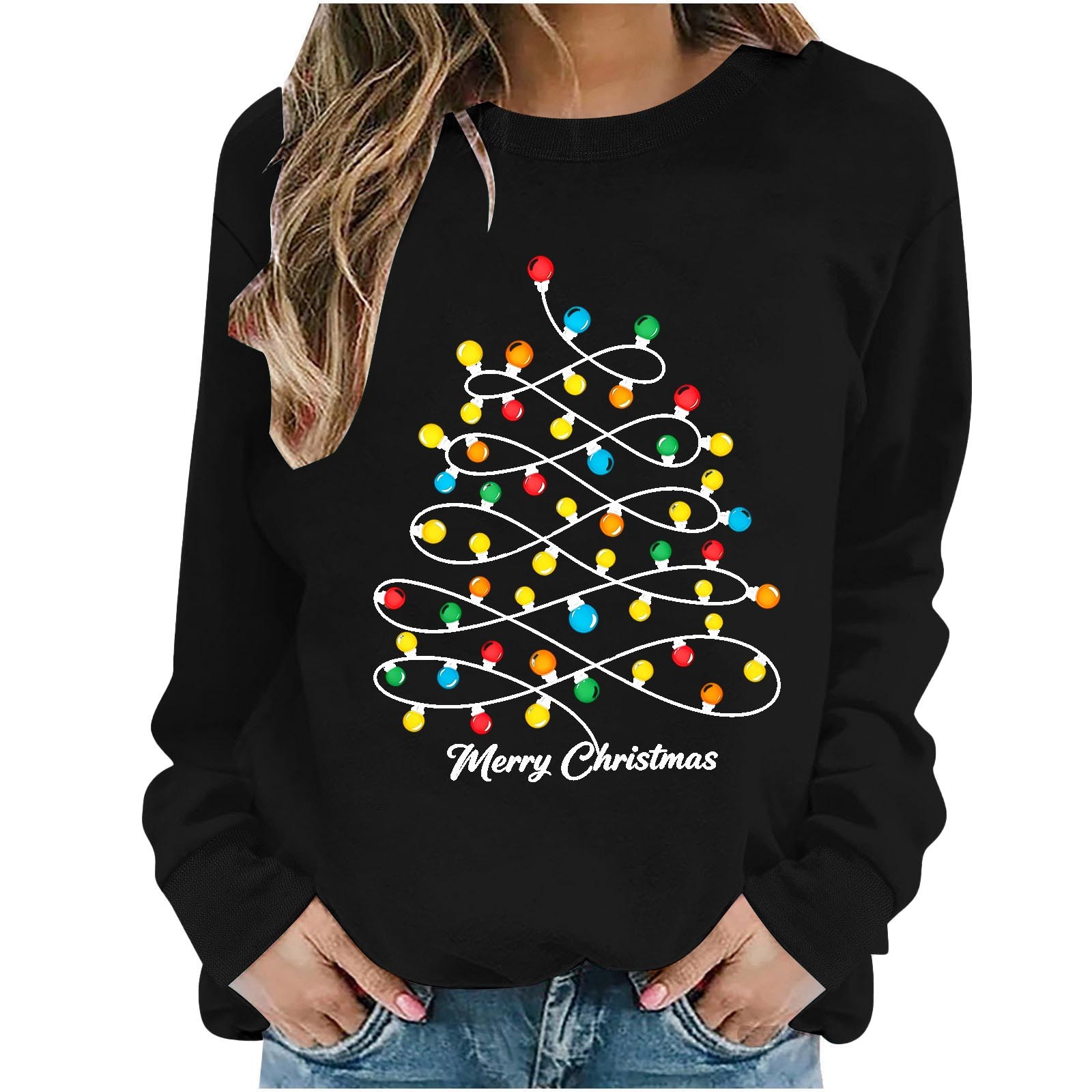 Juebong Holiday Funny Graphic Tops for Women Family Christmas Tree Santa Lights Print Pullover Crewneck Long Sleeve Shirts Lightweight Matching Sweatshirt
