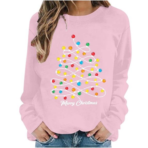 Juebong Holiday Funny Graphic Tops for Women Family Christmas Tree Santa Lights Print Pullover Crewneck Long Sleeve Shirts Lightweight Matching Sweatshirt