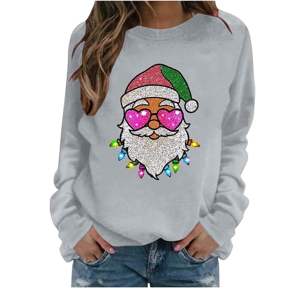 Holiday Graphic Tops for Women Funny Family Christmas Santa elk Print Pullover Crewneck Long Sleeve Shirts Lightweight Matching Sweatshirts