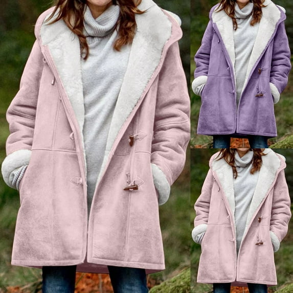 Juebong Horn Button Fleece Thicken Coat for Women Sherpa Winter Warm Jacket Duffle Toggle Coats Oversized Hoodie Jackets with Pockets Purple,XXL