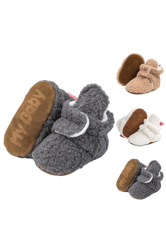 Infant Baby Boy Girl Cozy Fleece Bootie Newborn Stay On Slipper Winter Warm Soft Gripper Non-Slip Crib Shoes Khaki,0 Months
