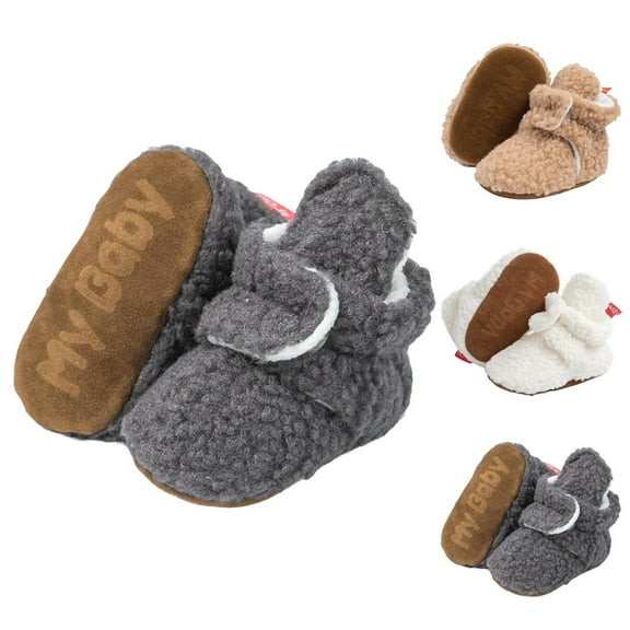 Juebong Infant Baby Boy Girl Cozy Fleece Bootie Newborn Stay On Slipper Winter Warm Soft Gripper Non-Slip Crib Shoes White,12 Months