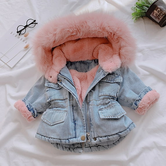 Juebong Jackets for Baby Clearance Toddler Kids Baby Girls Hooded Faux Fur Fleece Warm Thick Denim Coat Outwear