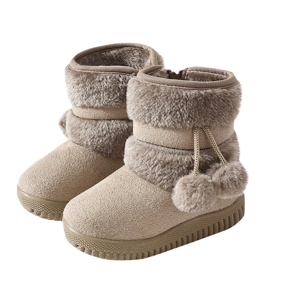 Juebong Kids Girls Boys Winter Warm Boots Suede Lightweight Faux Fur Lined Mid Calf Snow Boots for Toddler/Little Kid Beige Boots 8.5 US Kid's