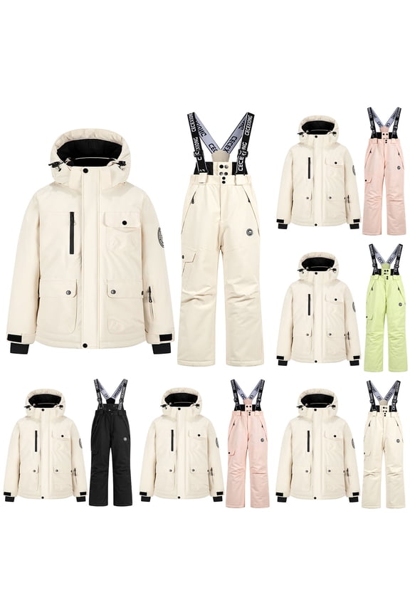 Kids Snow Suit Boys Girls Winter Ski Jacket and Snowpants Set Hooded Straps Set Windproof Waterproof Warm Ski Suit Green,5-6Years