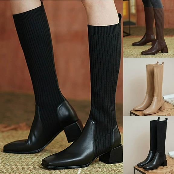 Juebong Knee High Boots for Women Square Toe Chunky Block Heeled Stylish Comfortable Middle Heel Knitted Tall Boots Brown,39