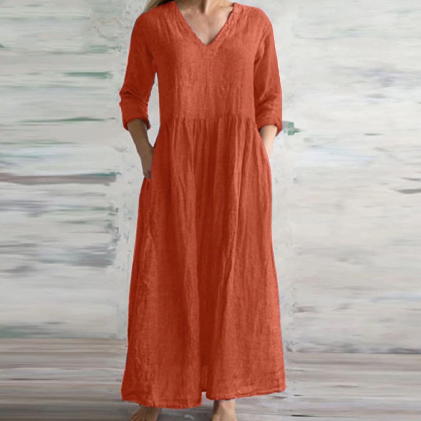 Women's Maxi Dress Linen Relaxed Fit V-Neck Long Sleeve With Pockets main image 1