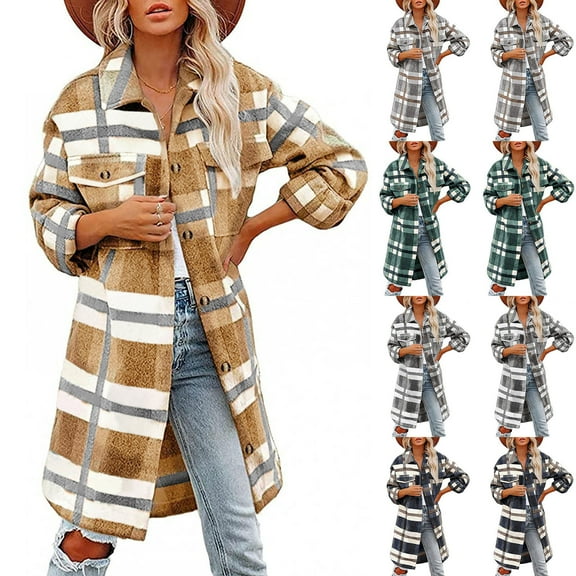 Juebong Long Flannel Shackets for Women Fleece Plaid Shirts Oversized Button Down Loose Jacket Casual Long Sleeve Trench Coats with Pockets Khaki,L
