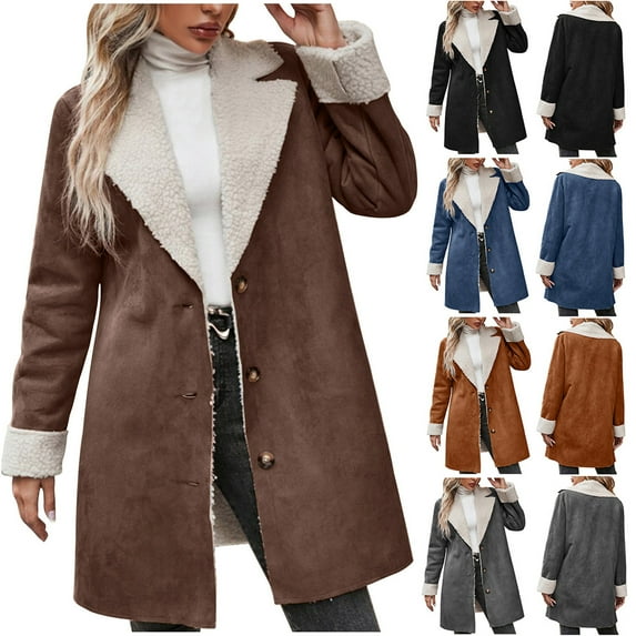 Juebong Long Winter Coats for Women 2025 Faux Suede Jacket Fleece Sherpa Lined Casual Jackets Baggy Lapel Warm Winter Outwear Black,M