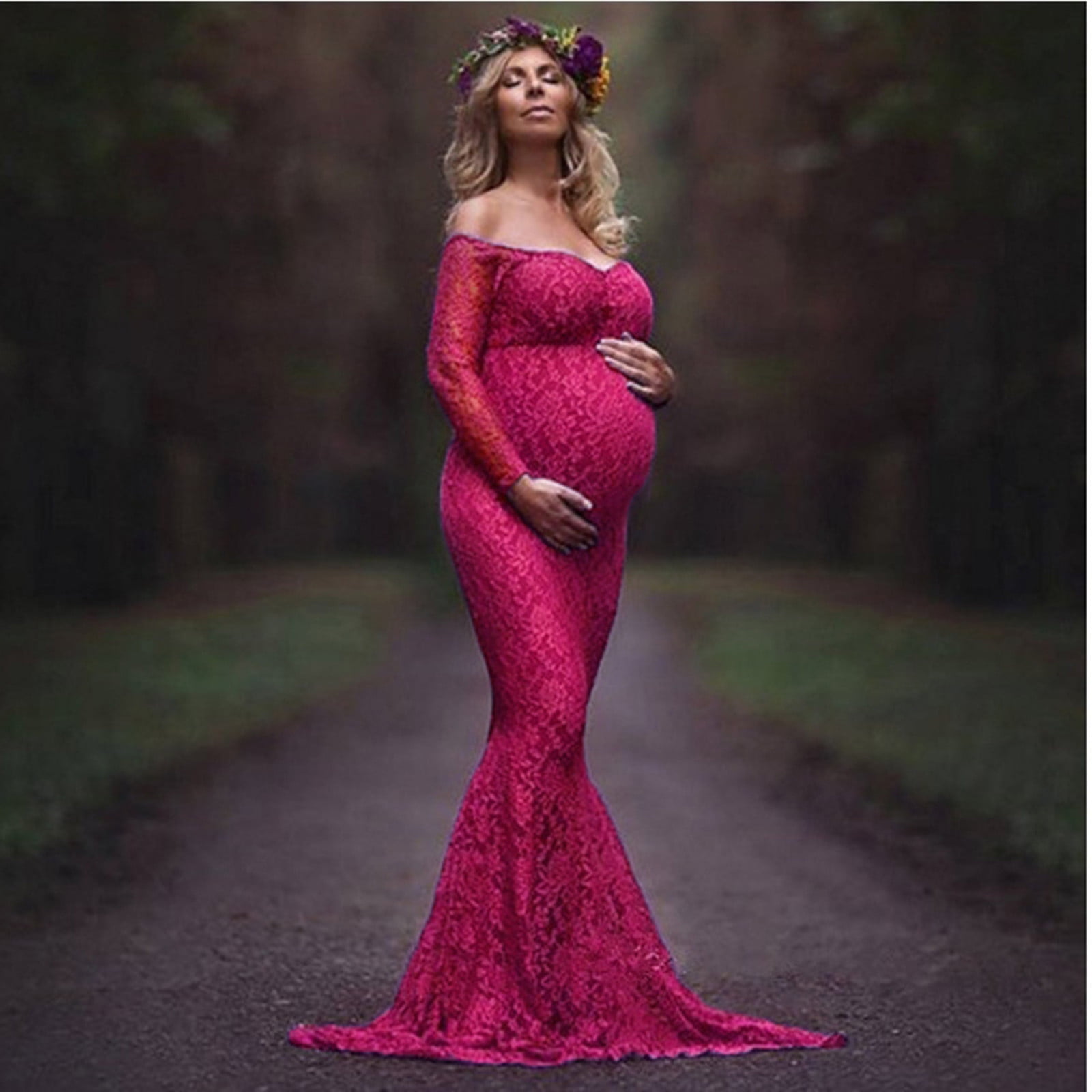 Juebong Maternity Dress Lace Long Sleeve Maternity Maxi Dress for Baby  Shower Maternity Photoshoot V-neck Net Yarn Lace Maternity Solid Color  Floor Length Mermaid Dresses 