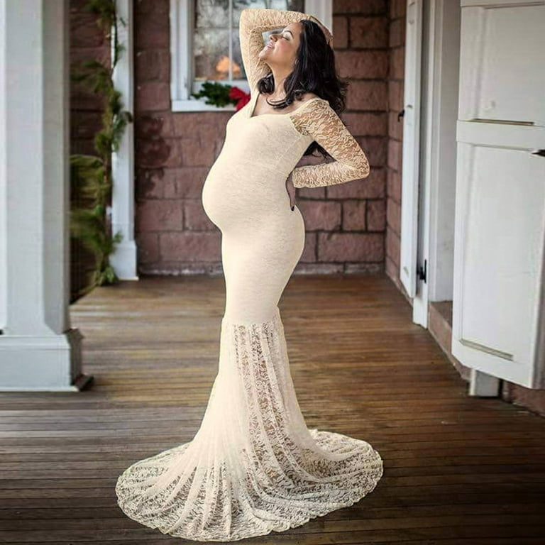Juebong Maternity Dress Lace Long Sleeve Maternity Maxi Dress for Baby  Shower Maternity Photoshoot V-neck Net Yarn Lace Maternity Solid Color  Floor