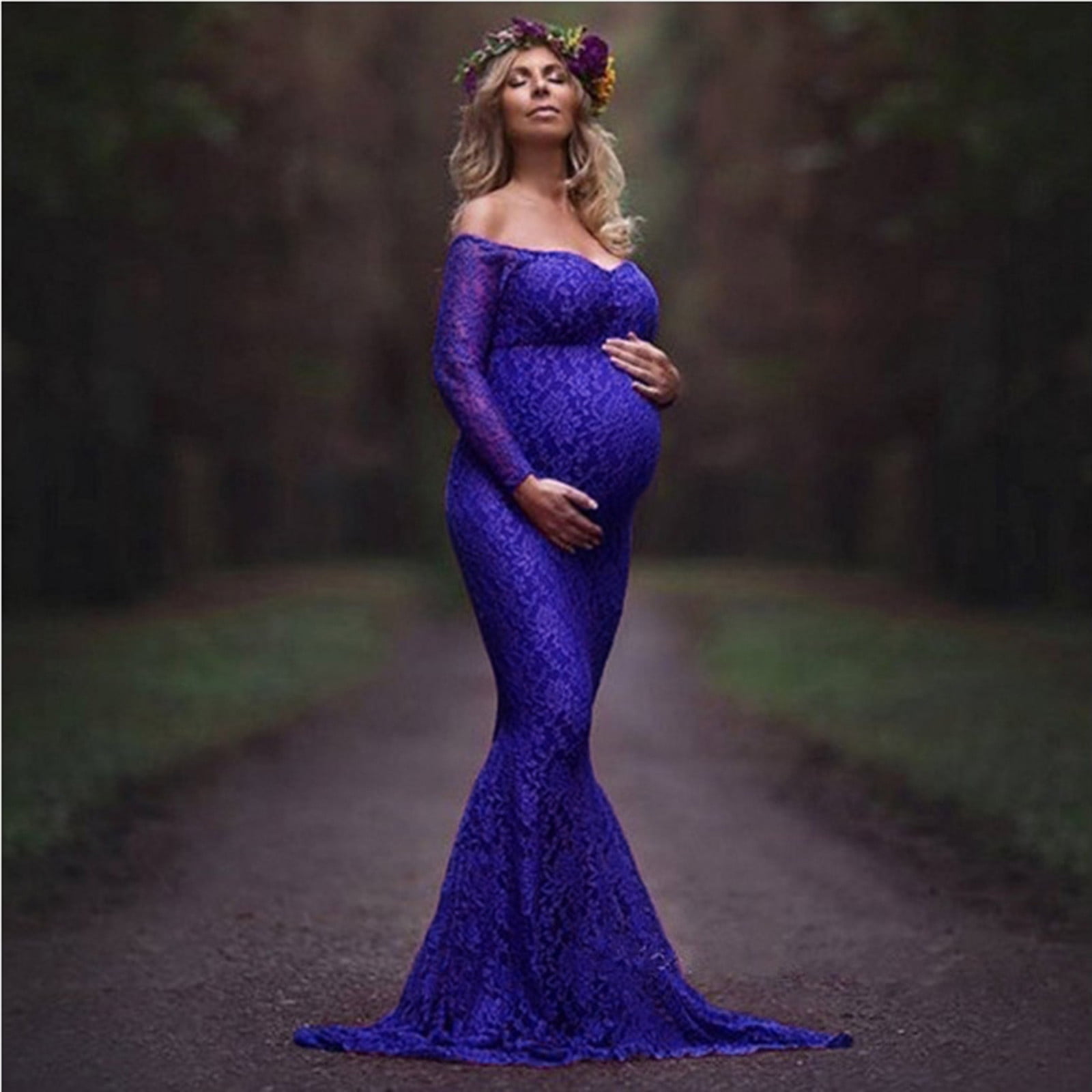 Juebong Maternity Dress Lace Long Sleeve Maternity Maxi Dress for Baby  Shower Maternity Photoshoot V-neck Net Yarn Lace Maternity Solid Color  Floor
