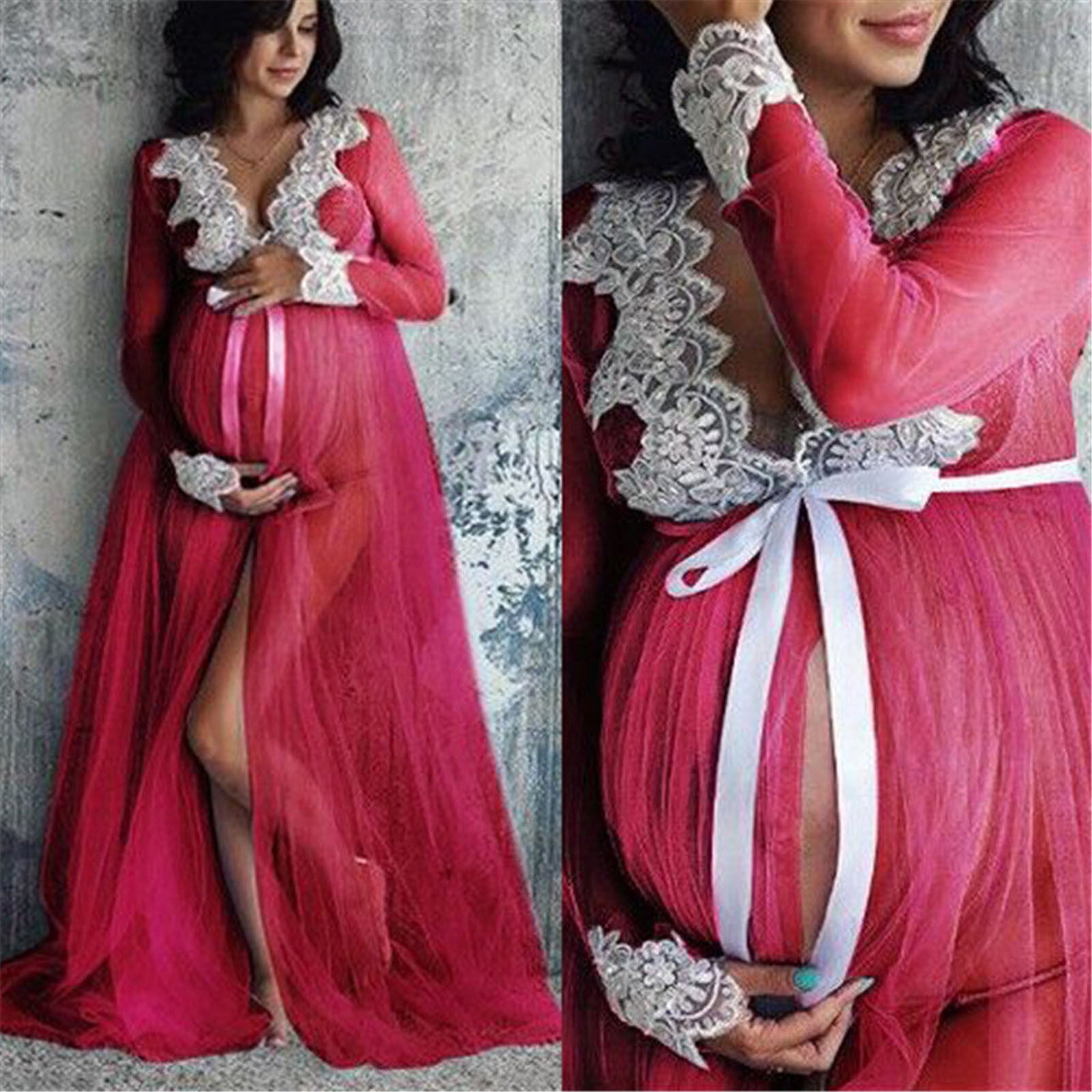Juebong Maternity Dress Lace Long Sleeve Maternity Maxi Dress for Baby  Shower Maternity Photoshoot V-neck Net Yarn Lace Maternity Split Fork  Dresses with Belt 