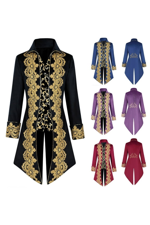 Medieval Clothing Mens Costumes Steampunk Jacket, Victorian Gothic Tailcoat, Fall Halloween Pirate Vampire Costumes Purple,XL