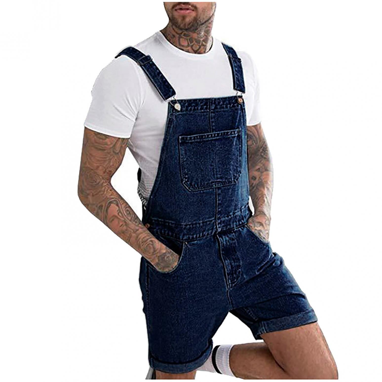 Juebong Men Classic Denim Overalls Shorts with Breast Pocket Jeans