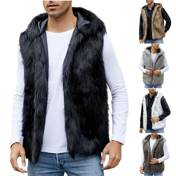 Juebong Men Faux Fur Vest Jacket Stand Collar Sleeveless Open Front Cardigan Trendy Fuzzy Coats Fluffy Winter Warm Outerwear Gray,L