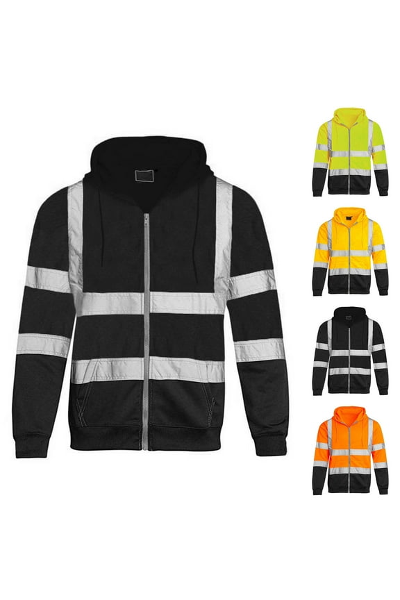Men High Visibility Safety Sweatshirt Class 3 Reflective Strips Zipper Up Hooded Jacket Work Utility Hi-Vis Hoodies Green,L