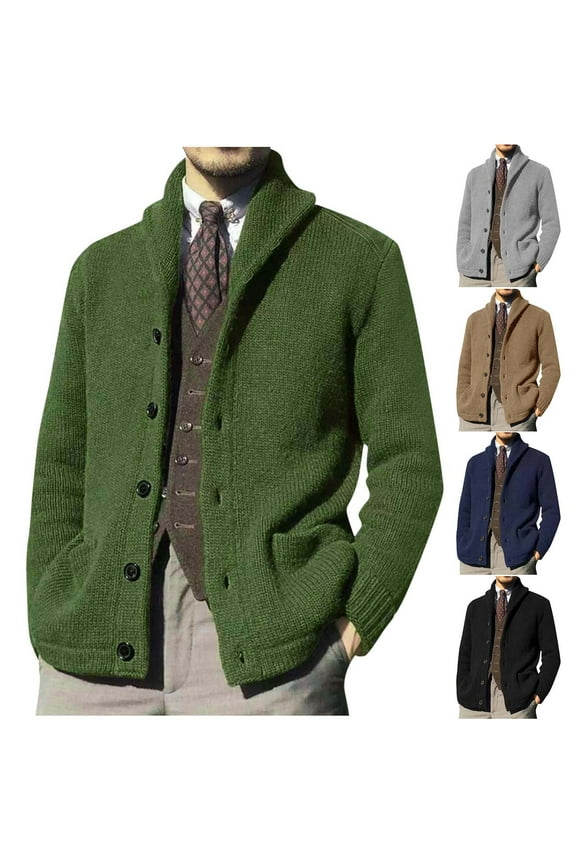 Men Shawl Neck Cardigan Sweater Cable Knit Button Up Closure with Pockets Fall Winter Solid Color Sweaters Outerwear Green,L