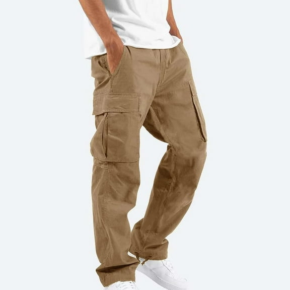 Juebong Men Solid Casual Multiple Pockets Classic Fit Outdoor Straight Type Fitness Pants Cargo Pants Trousers,Khaki,XXXL